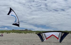 Two Djuice quad line kites on the beach